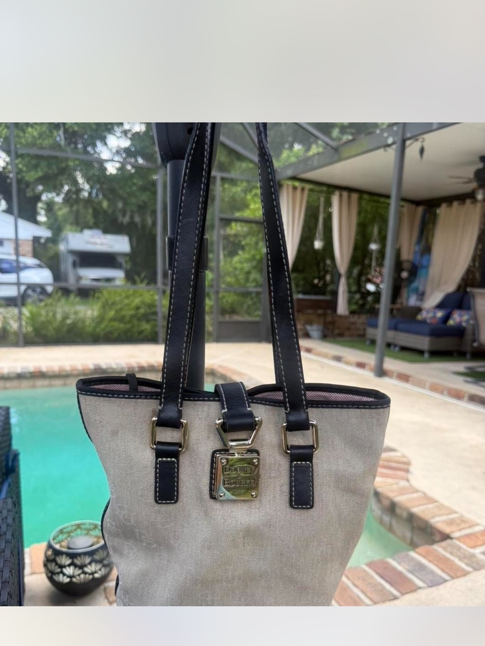 Dooney & Bourke Beige Canvas Tote with Black Leather Straps